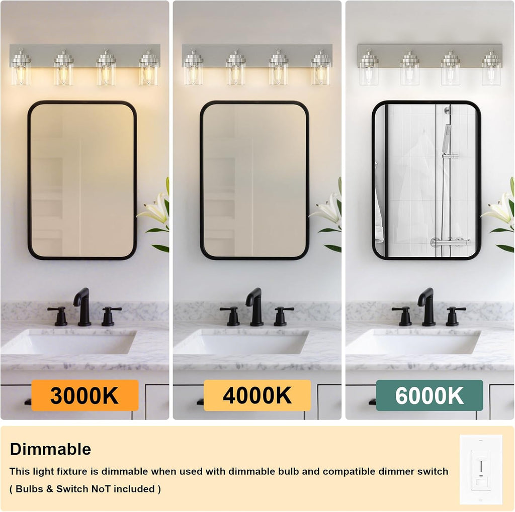 Bathroom Vanity Light Fixture, 4-Light 30 Inch Brushed Nickel Bathroom Light Fixtures Over Mirror, with Clear Glass