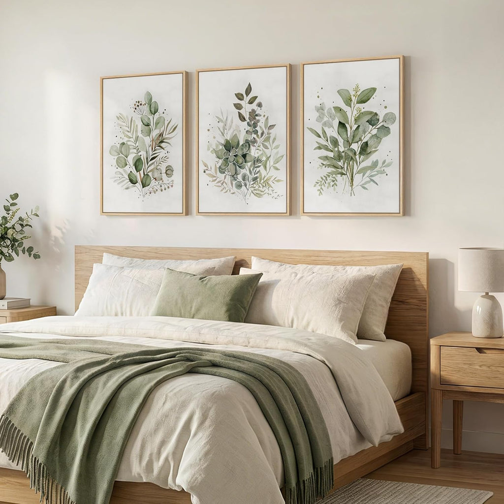 Framed Botanical Wall Art , 3 Piece Neutral Sage Green Eucalyptus Leaf Canvas Prints, Modern Minimalist Watercolor