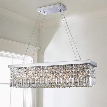 5-Lights K9 Crystal Chandelier for Dining Room, Rectangular Pendant Light Fixture for Kitchen Island, Raindrop Flush Mount Ceiling Light Fixture,H9 x W10 x L31, Chain Adjustable