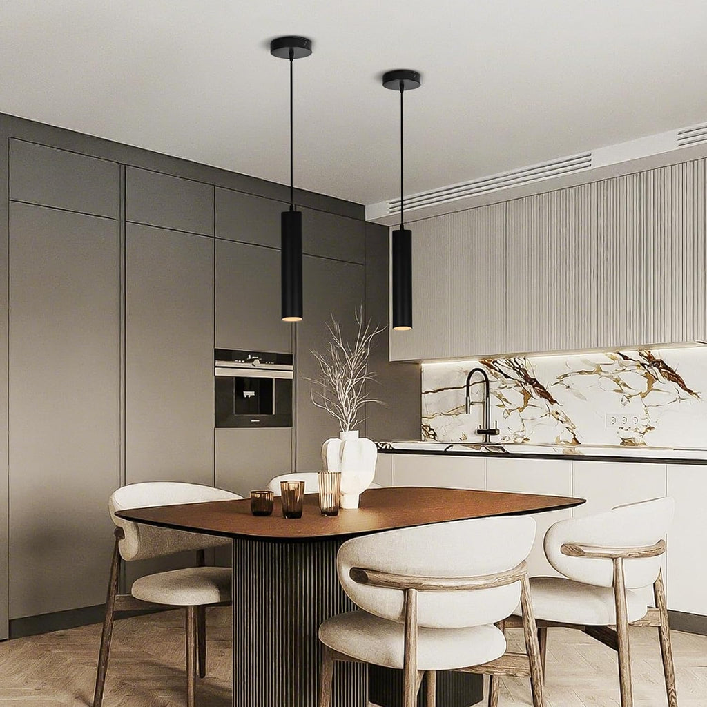 Modern Black Pendant Lights 2 Pack, LED Minimalist Pendant Lighting Fixture for Kitchen Island, Long Tube Hanging
