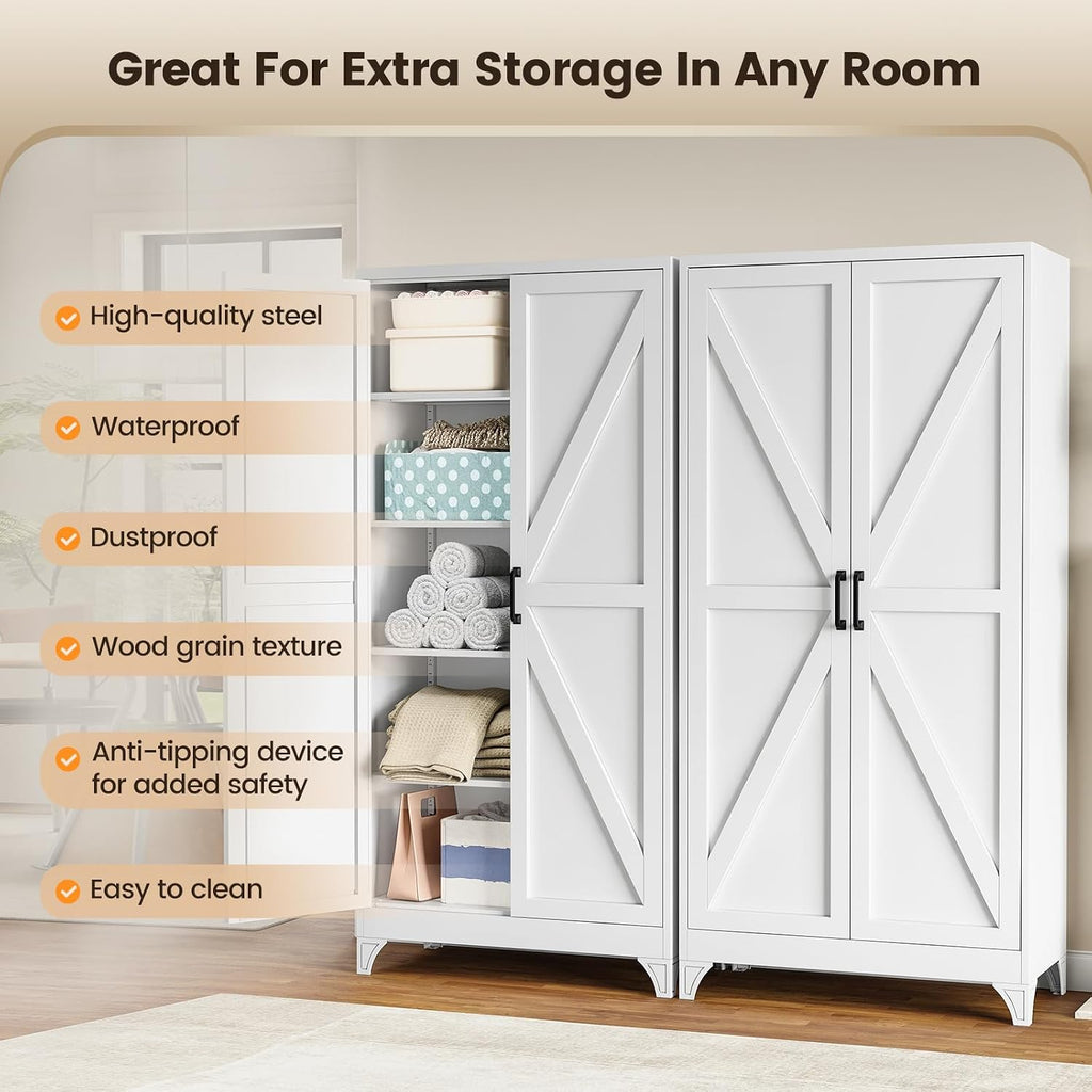 Metal Storage Cabinet with Doors and 4 Adjustable Shelves - 75" White Kitchen Pantry Storage,4-Tier Tall Steel