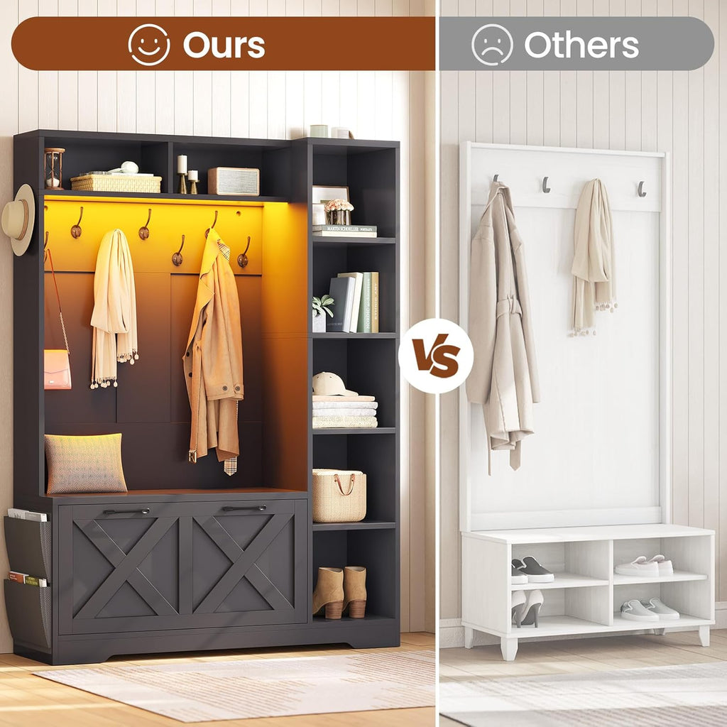 Hall Tree with Bench and Shoe Storage, Farmhouse Entryway Bench with Coat Rack, Shoe Cabinet with Flip Drawers, 7
