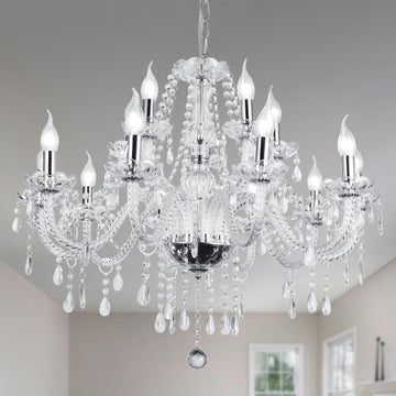 Modern Elegant 12 Lights K9 Crystal Glass Chandelier Silver Pendant Ceiling Lighting European Style for Dining Living Room Bedroom Transparent,12 E12 Bulbs Required