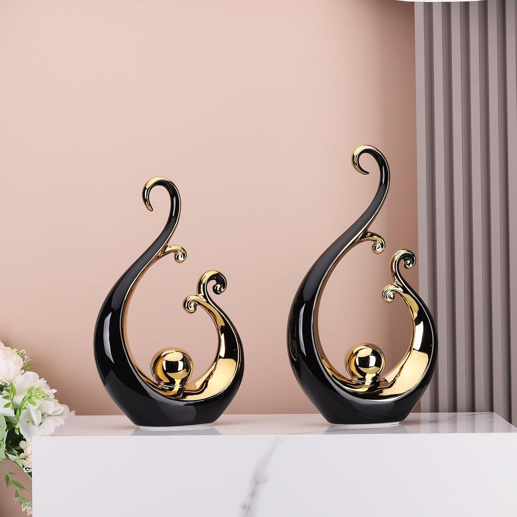 Abstract Ceramic Black Statue 2 Piece Set, Modern Art Black Gold Home Decor, Unique Home Decor, Coffee Table