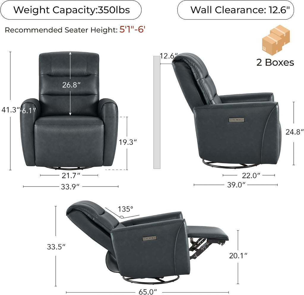 Power Recliner Chair Swivel Glider, FSC Certified Upholstered Genuine Leather Recliner Chair for Adults, Adjustable