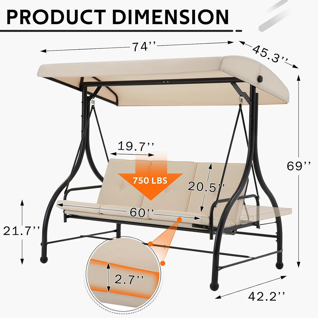 Porch Swing Chair with Adjustable Backrest&Canopy, 3 Seat Patio Swing with Canopy 2-in-1 Convertible Outdoor Swing