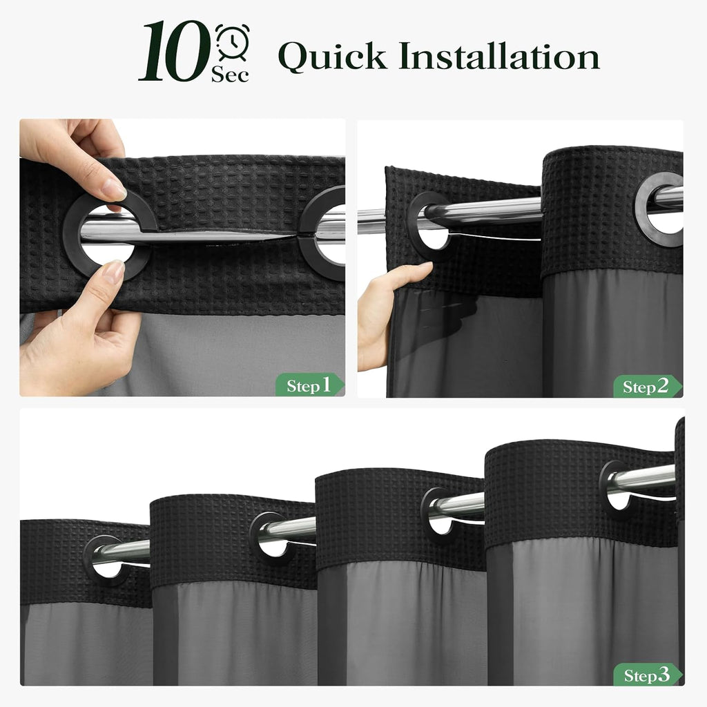 Black Hook Free Waffle Shower Curtain & Snap-in Fabric Liner,72x75 | Less Time to install, 3 in 1 Fabric Shower