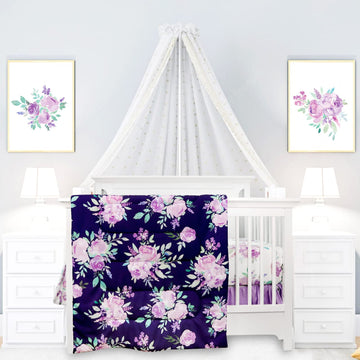 4 Piece Crib Bedding Set for Girls, Purple Flower Quilt, Crib Skirt, Diaper Stacker, Soft Microfiber Comforter, Cotton