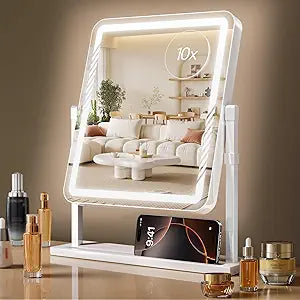Makeup Mirror with Lights, Height-Adjustable & 360° Rotation, 1/10X Magnification, Three Color Lighting Modes, Vanity
