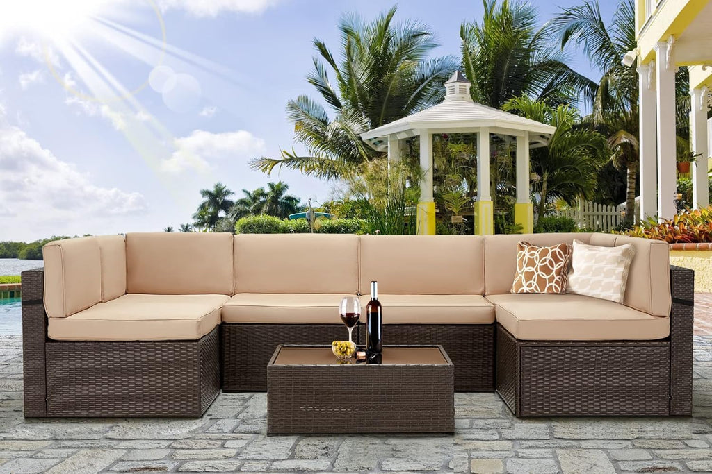 7 Piece Outdoor Patio Furniture Set, PE Rattan Wicker Sofa Set, Outdoor Sectional Furniture Chair Set with Cushions