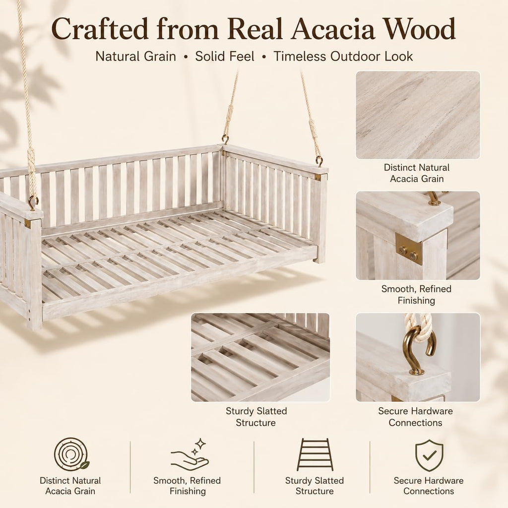 Twin Size Acacia Wood Hanging Swing Bed with Ropes, Outdoor Porch Daybed , Garden & Backyard, Minimalist Wooden Swing