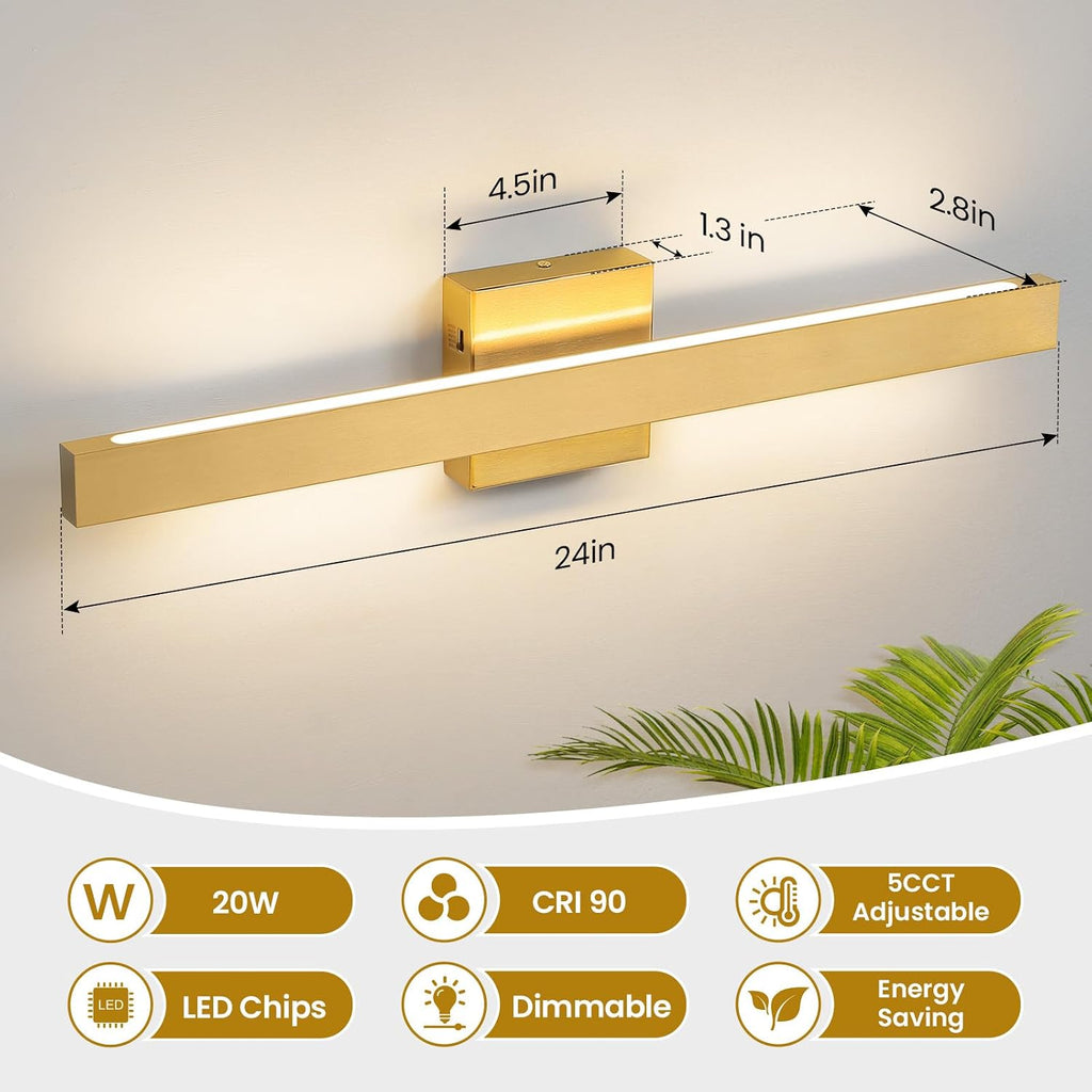 24 Inch Modern Vanity Light Gold Bathroom Light Fixture Over Mirror with Up & Down Lighting 20W Vanity Lighting
