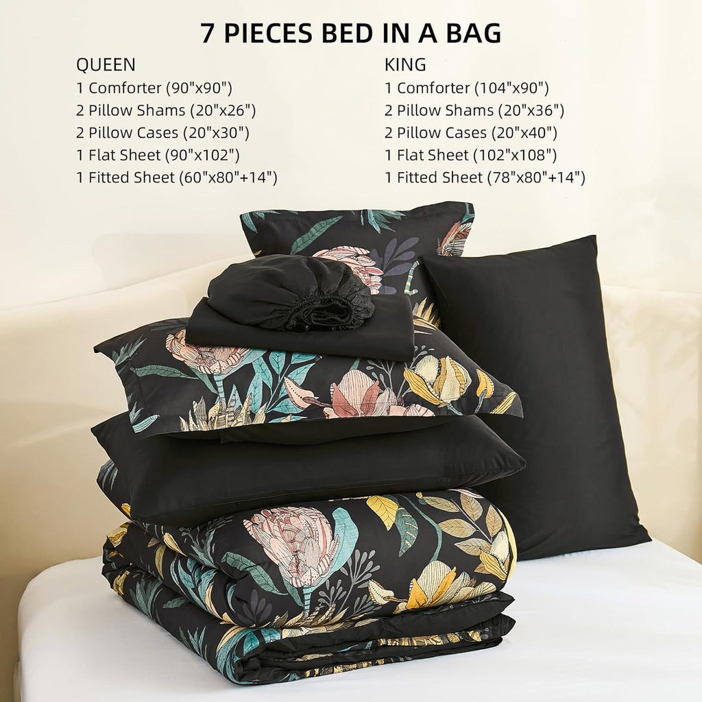 Comforter Set 7 Pieces Bedding Sets, Black Floral Comforter and Sheet Set