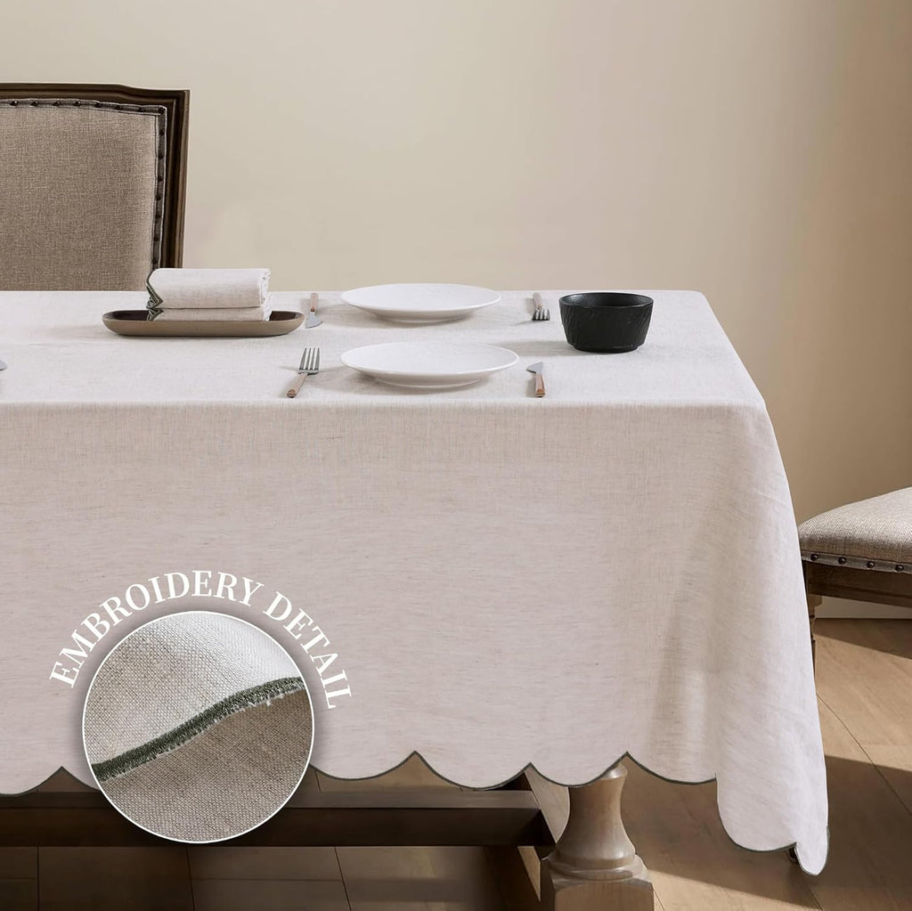 100% French Flax Linen Tablecloths Scalloped Embroidery Rectangle 120Lx60W Inch for Dinners, Parties