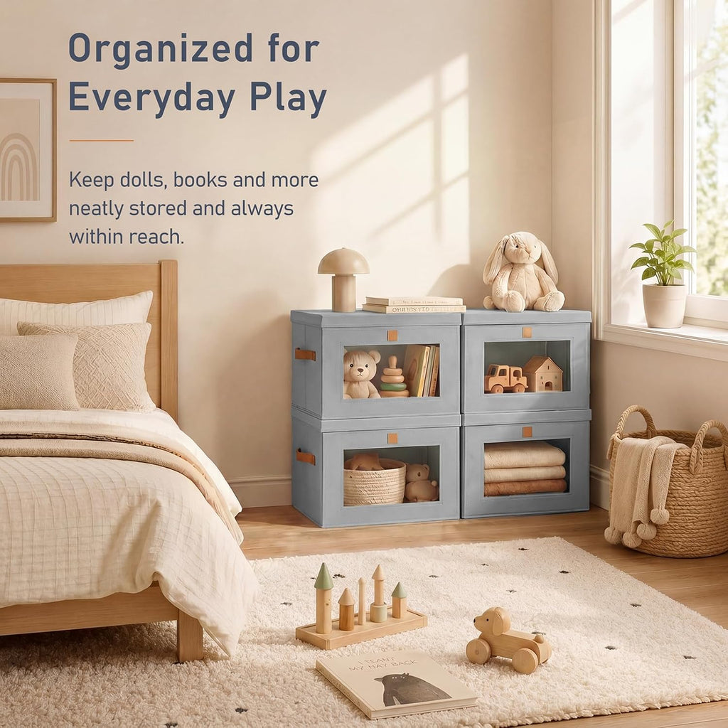 Storage Bins with Lids - 6 Pack Front Opening Stackable Fabric Storage Boxes with Clear Window & Handles, Collapsible