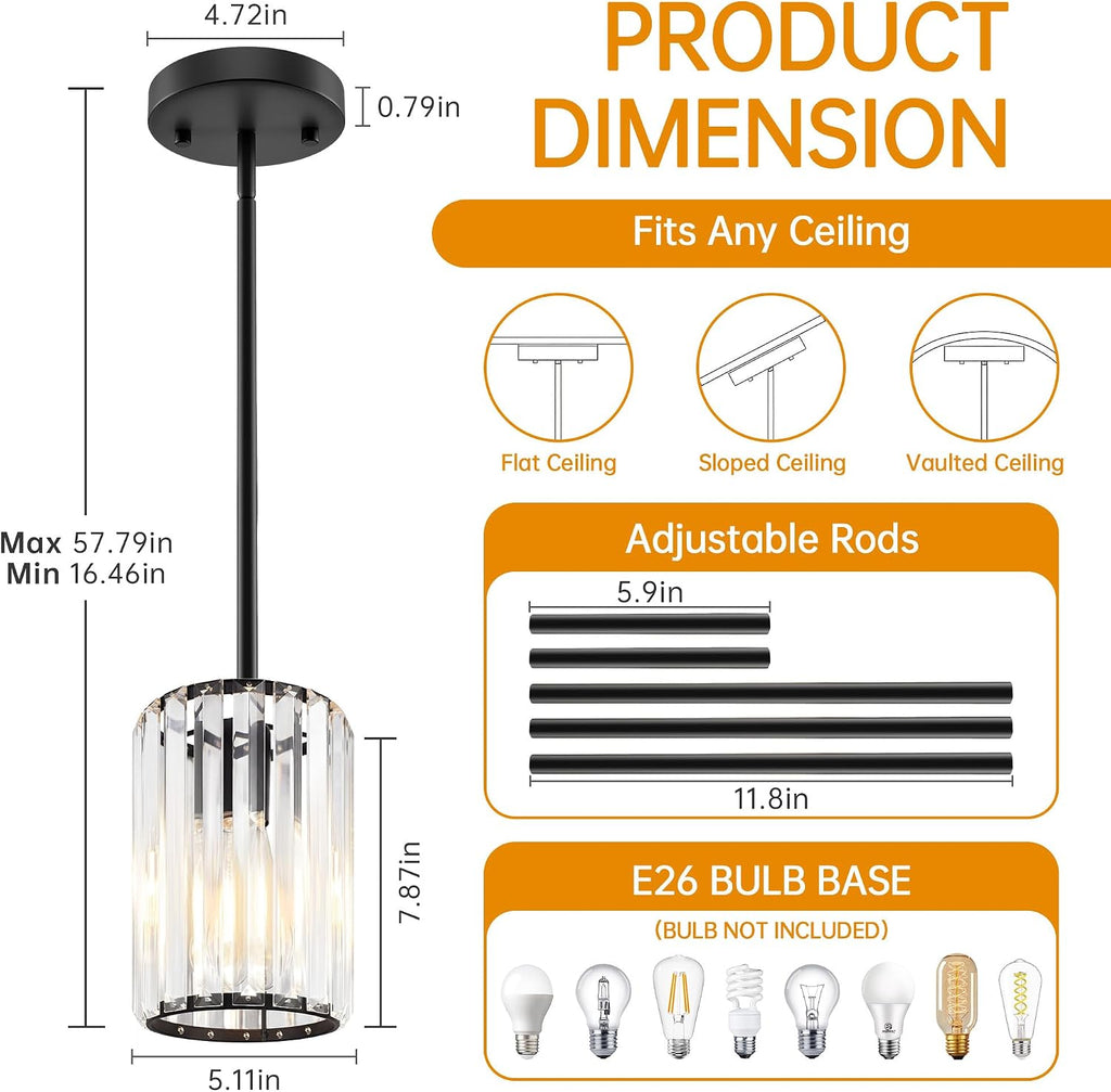 Black Pendant Light, Modern Crystal Pendant Lights Kitchen Island, Kitchen Island Lighting with Adjustable Height, UL