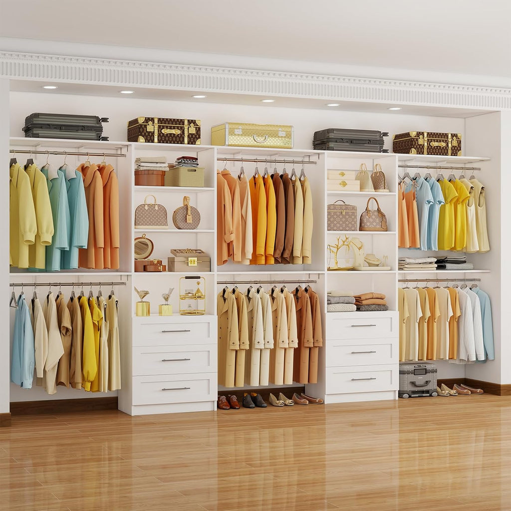 Closet System with 6 Drawers, 6-12.3FT Closet Organizer System Wood with 8 Shelves & 6 Expandable Hanging Rods