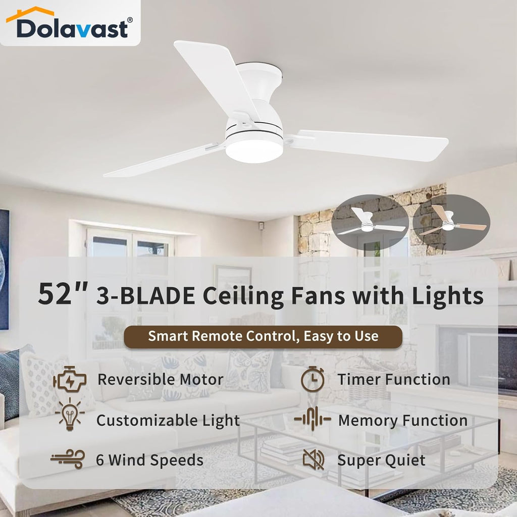 Ceiling Fans with Lights and Remote, 52 Inch Ceiling Fan with Light, Low Profile Reversible Ceiling Fans