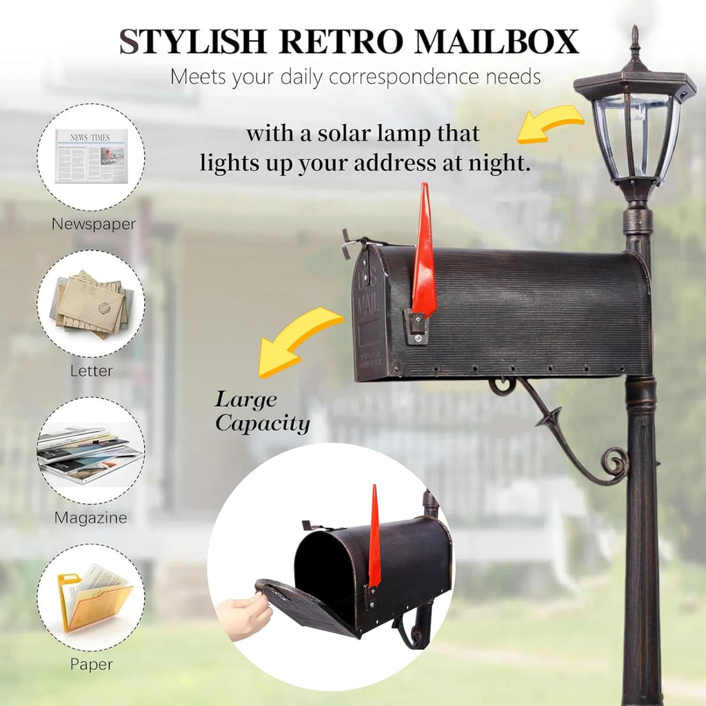 Mailbox with Post Lights,Mailbox/Post Light Combo Duty Cast Aluminum Post Mount Mailboxes Decorative(2in1)