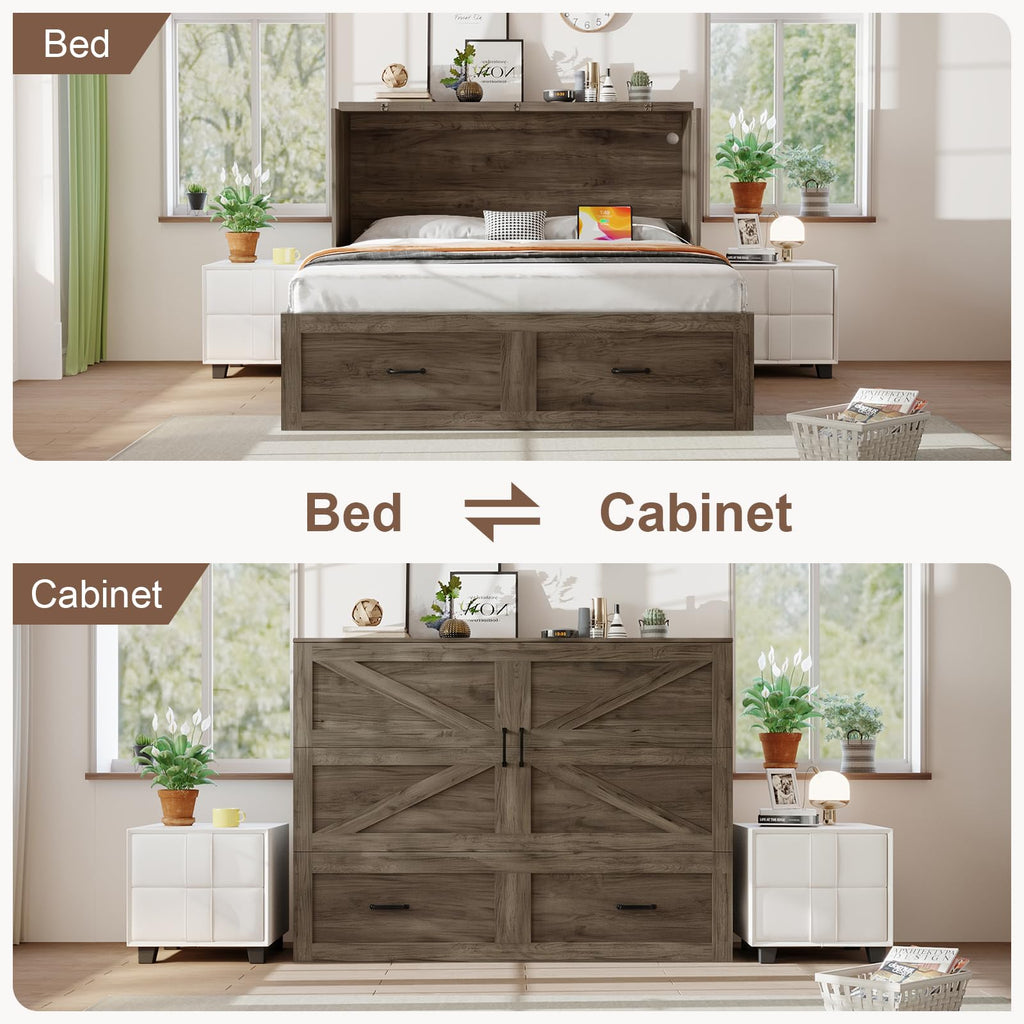 Murphy Bed with Storage & Charging Station, Murphy Cabinet Bed with Large Drawer for Guest Bedroom, Living Room
