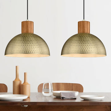 2 Pack Hammered Pendant Lights 12" Vintage Metal & Wood Dome Hanging Lamp Antique Gold Industrial Kitchen Pendant