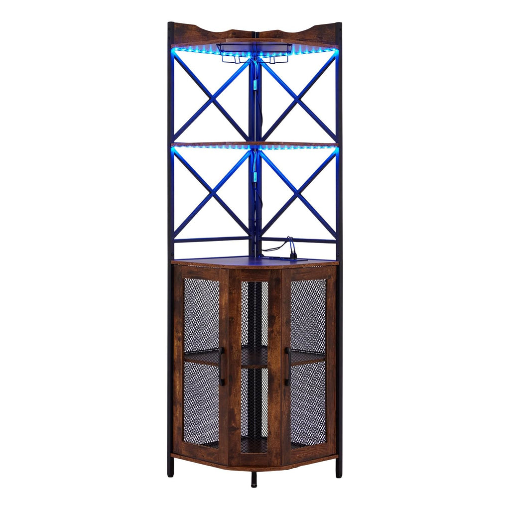 Corner Bar Cabinet with Built-in AC Charging Socket, 5-Tiers Wine Bar Cabinet with Ambient LED Lighting and Glass