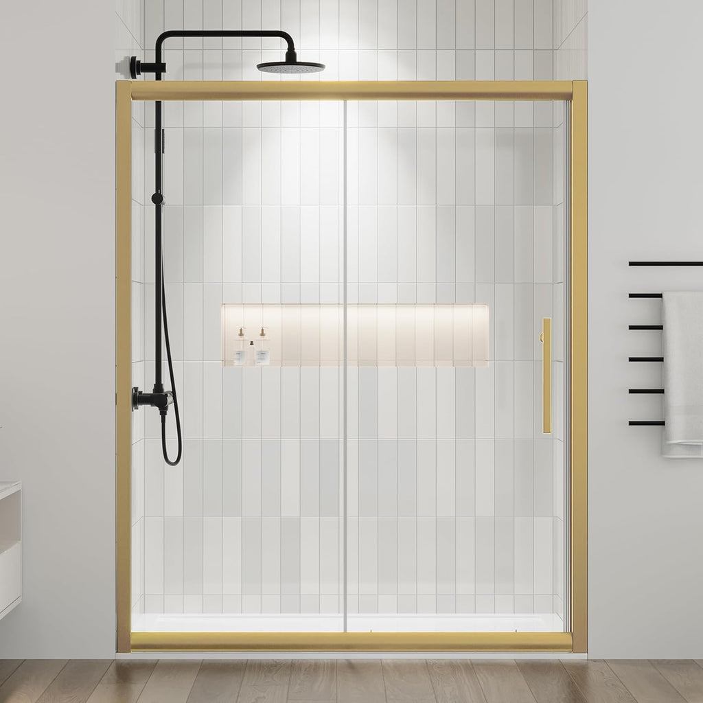 60.in W x 75.in Semi-Frameles Shower Door with Clear SGCC Tempered Glass and Easy Roller System，Gold Sliding Shower