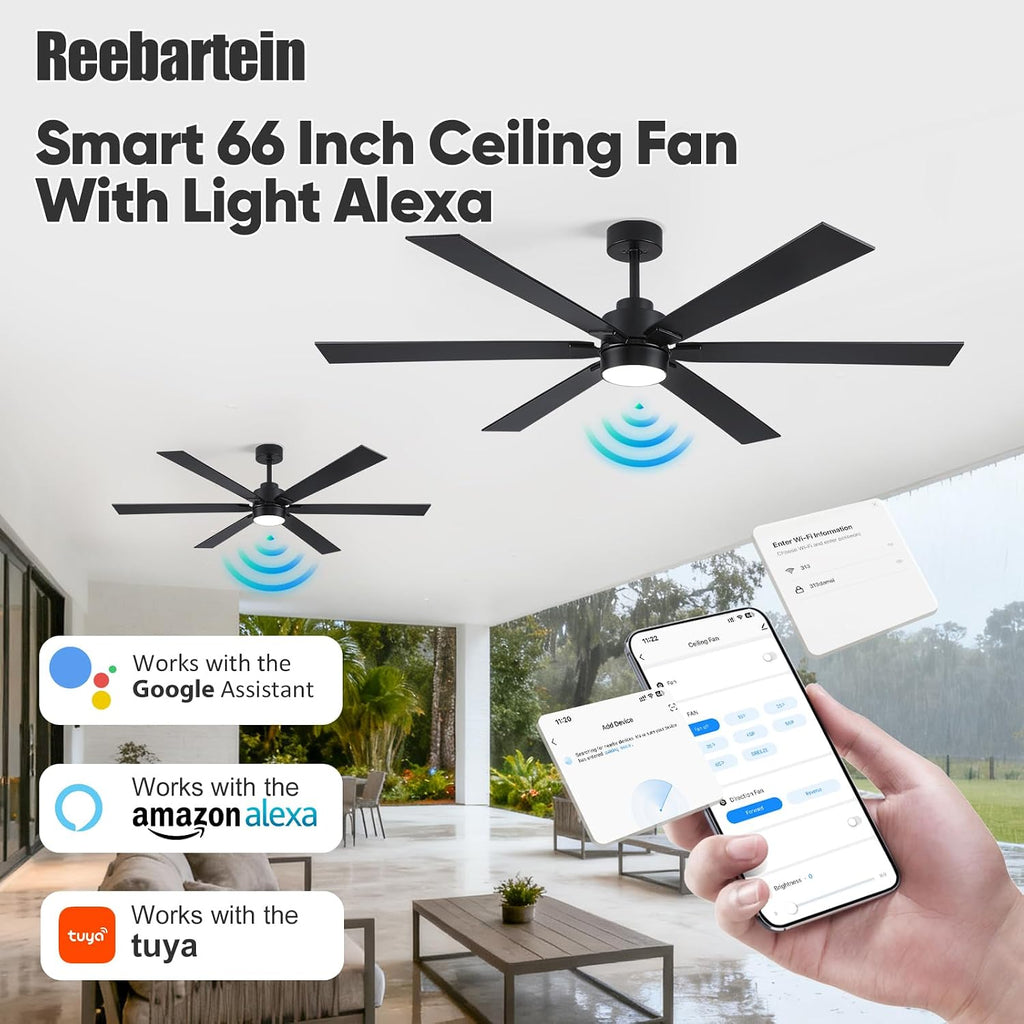 66 Inch Outdoor Smart Ceiling Fan with Light, Works with Alexa, App & Remote Control