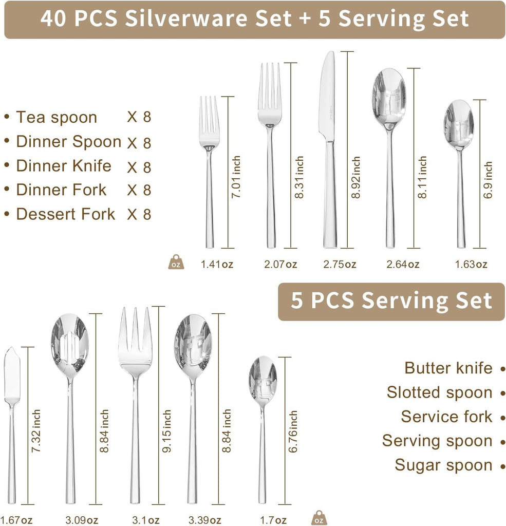 Silverware Set with Serving Utensils, 45-Piece Forged Flatware Set Cutlery Set Premium Stainless Steel, Service for 8