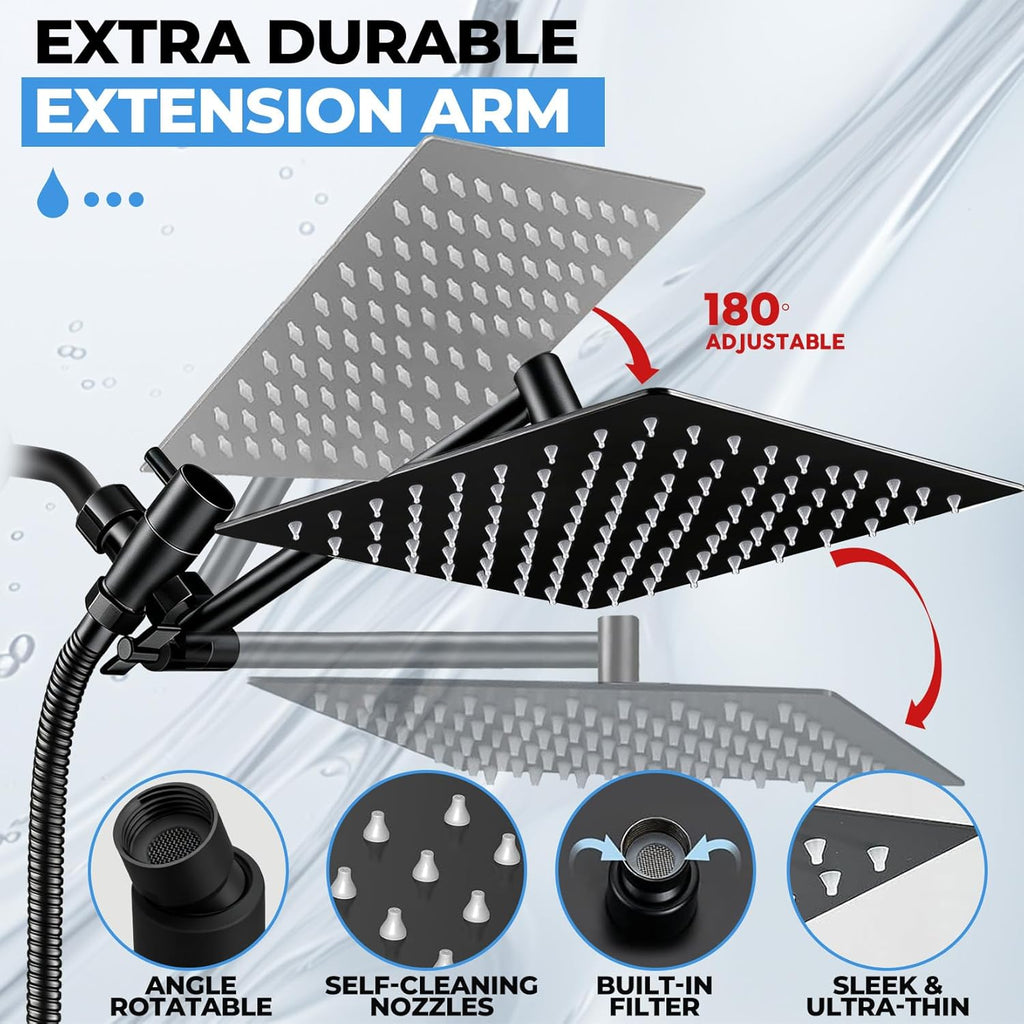 Shower Head, 8 inch Multifunction High Pressure Rain Shower Head with Handheld Spray Combo with 11'' Angle Adjustable