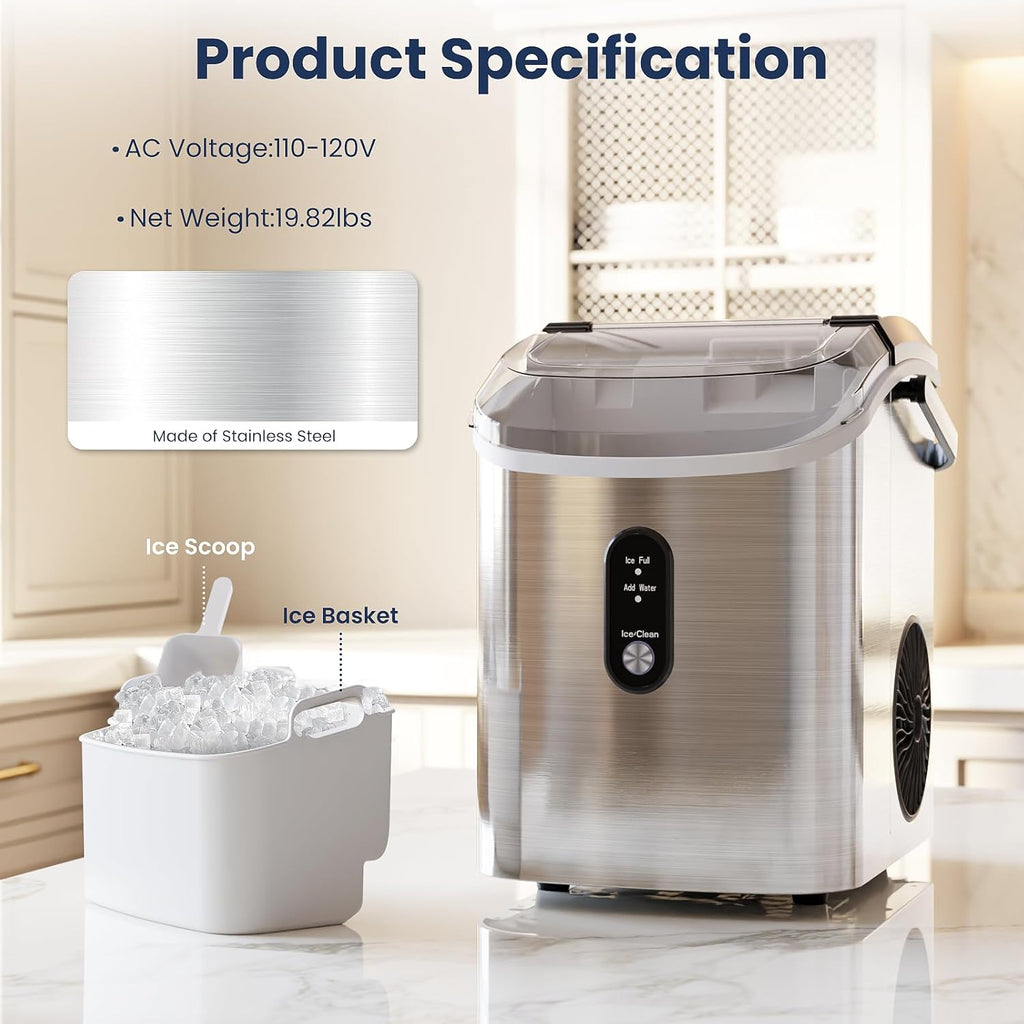 Nugget Ice Makers Countertop with Self-Cleaning, 35lbs/24H, Portable Sonic Ice Maker Machine with Handle/Basket/Scoop