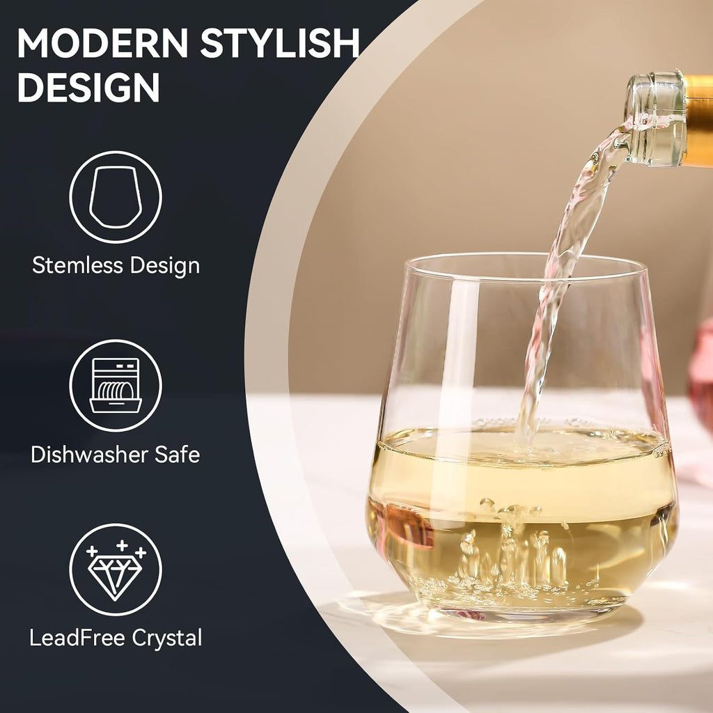 Stemless Wine Glasses Set of 6 - 18oz Modern Crystal Glass, Lightweight & Dishwasher Safe | Red & White Wine Glasses