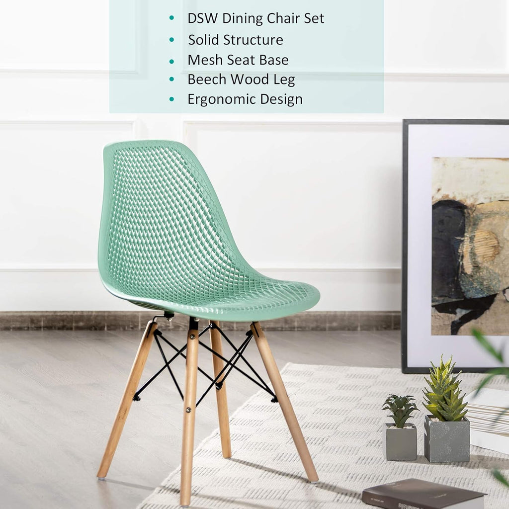 Set of 2 Modern Dining Chairs, Outdoor Indoor Shell PP Lounge Side Chairs with Mesh Design, Beech Wood Legs