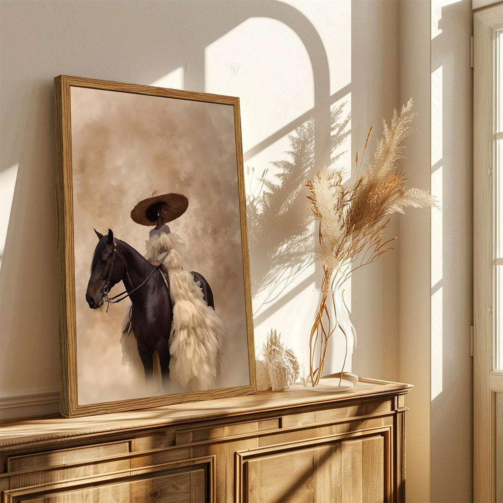 Framed Western Cowgirl Wall Art, Fashion Black Girl Riding Horse Canvas Wall Decor Painting, Black Woman African
