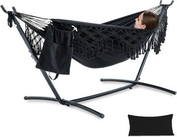 Handmade Tassel Hammocks, Double Hammock with Stand for Outside Indoor Outdoor, Max 450 lbs Capacity, Pillow &