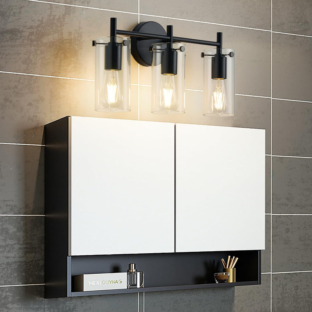 Bathroom Light Fixtures, 3-Light Matte Black Vanity Light, Black Bathroom Lights Over Mirror with Clear Glass Shade