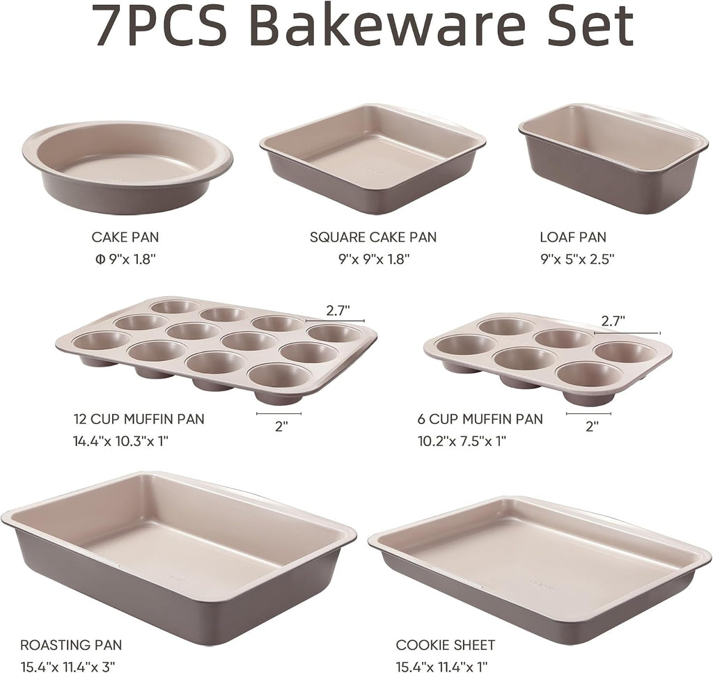 7-Piece Pans Set, Nonstick Bakeware Sets, Gray & Khaki | Cookie Sheets, Muffin, Bread, Cake, Loaf, Roasting Pan