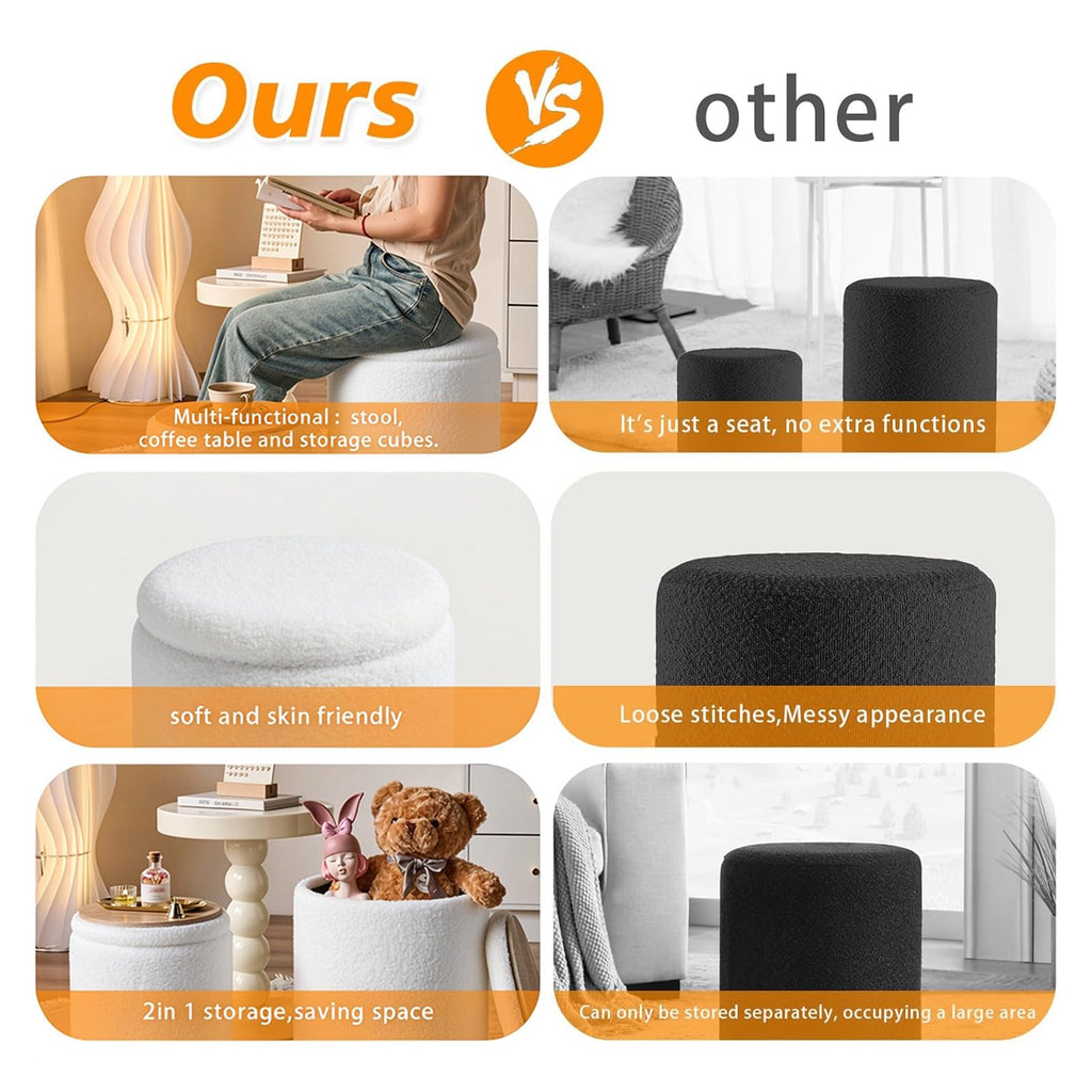 Set of 2 Round Storage Ottoman, White Sherpa Ottoman with Storage
