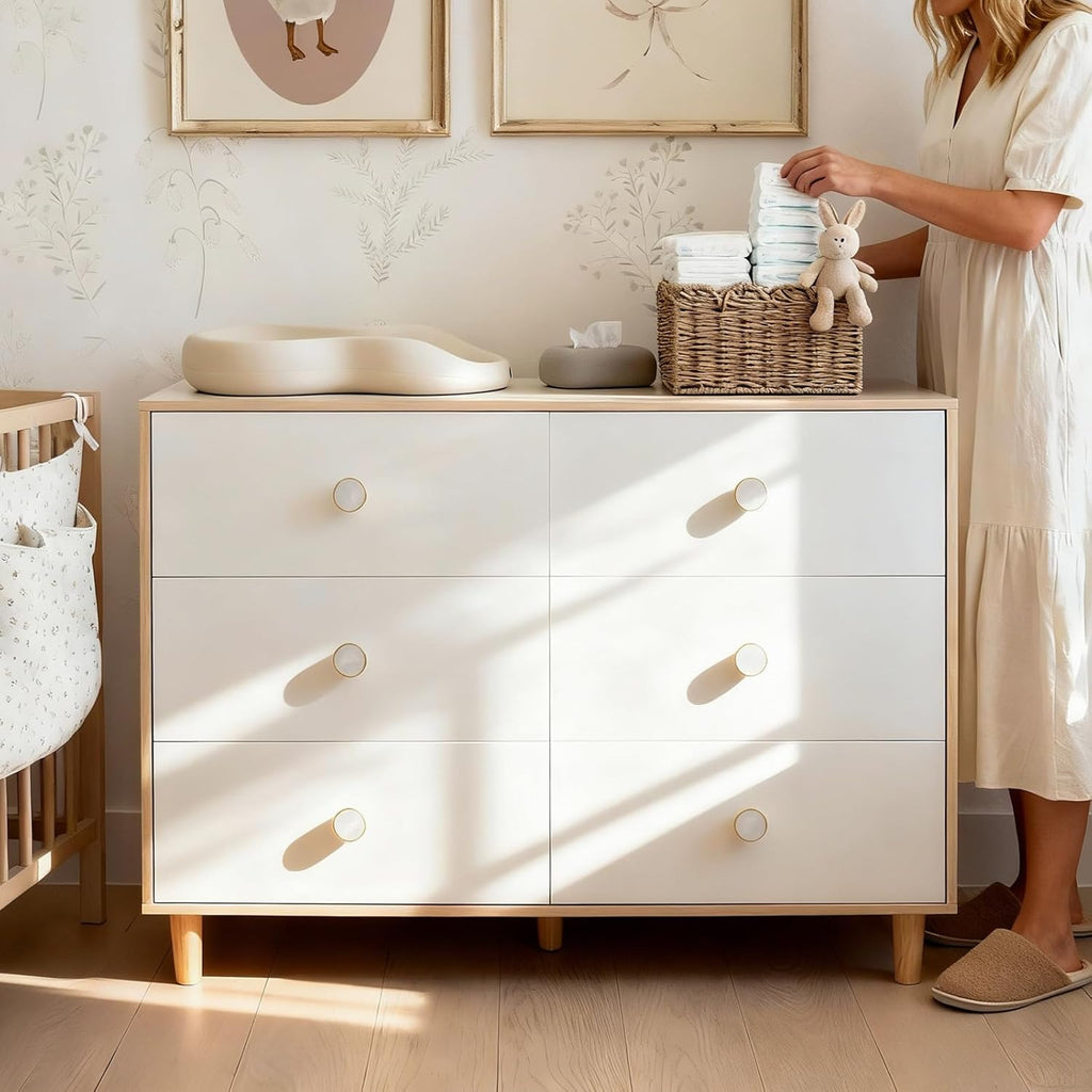 White Dresser , 6 Drawer Dressers with Solid Wood Legs, Baby Dresser for Kids, Storage for Clothes and Baby Essentials