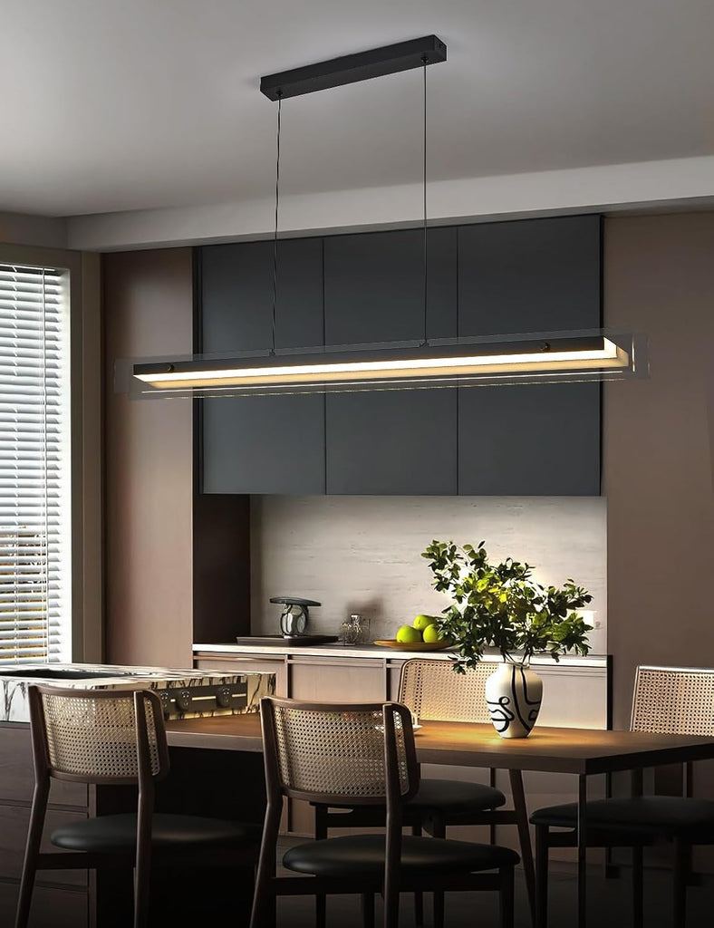 Glass Modern Black Linear Pendant Light - LED Hanging Kitchen Island Lights, Adjustable Dimmable Ceiling Fixtures
