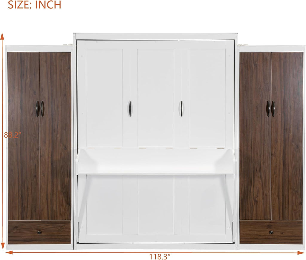Queen Murphy Bed, Wooden Queen Wall Bed with Closet, Drawers and Desk, White