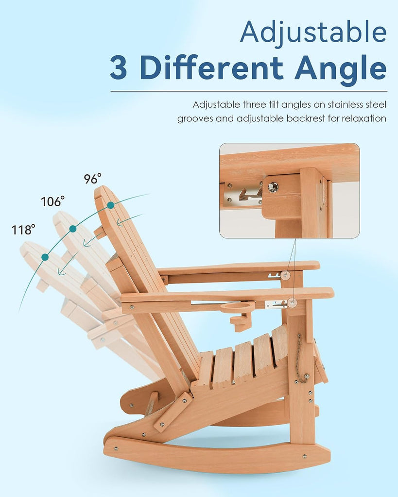 Adjustable Adirondack Rocking Chair with Retractable Ottoman, 4-in-1 Multifunctional Folding Patio Chair with Cup