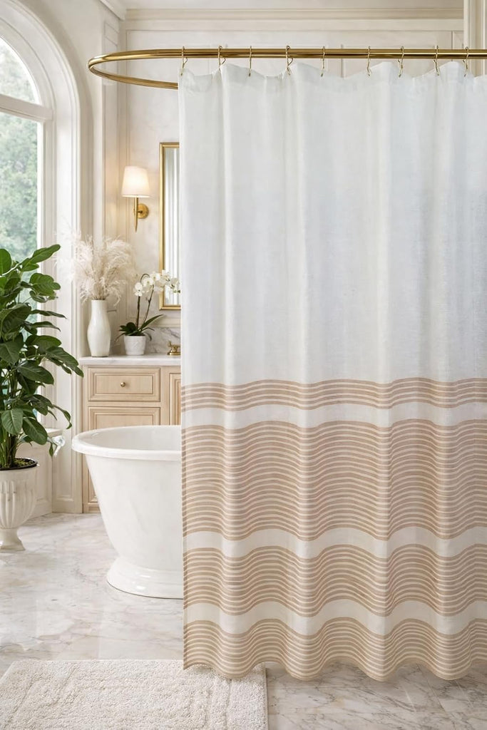 Nautical Striped Beige & White Cotton Bathroom Shower Curtain, 70x72 | Luxury Hotel Style Fabric with Detailed