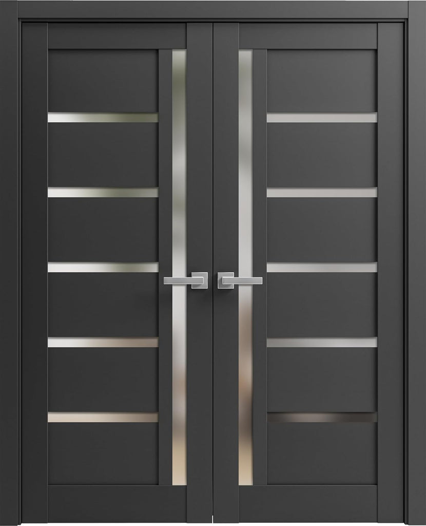 Quadro 4088 Interior Doors 72 x 80 in, Black Matte Frosted Glass Solid French Double Door, Solid MDF