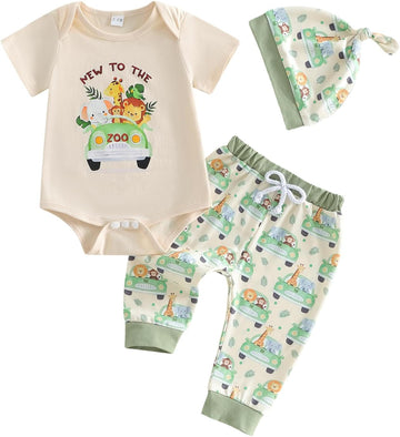 Newborn Baby Boy Clothes Zoo Animals Short Sleeve Romper Shirt Top Pants Hat Set Summer Outfits