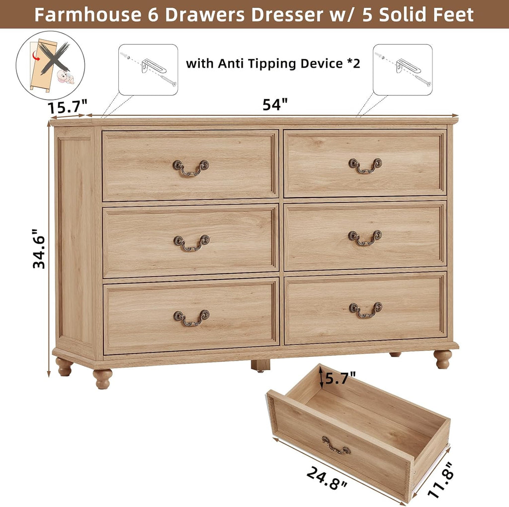 Farmhouse 6 Drawers Dresser , Vintage 54" Wide Chest of Drawers w/ 4 Wooden Legs, Rustic Large Closet Storage