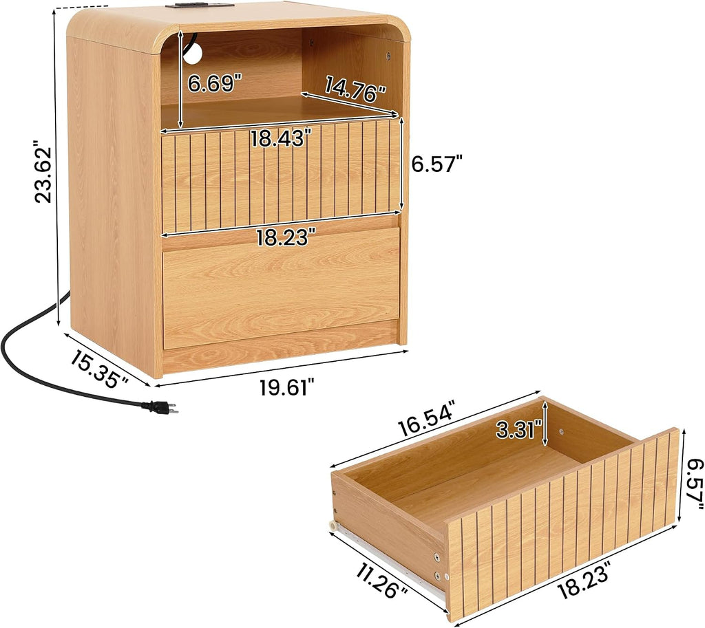 Modern Nightstand with Charger Station, 24" Tall Mid Century End Table with 2 Storage Drawers, Wood Bedside Table
