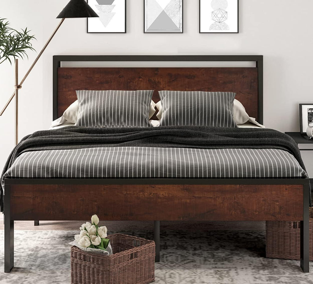 14 Inch Queen Metal Platform Bed Frame with Wooden Headboard and Footboard, Mattress Foundation, No Box Spring