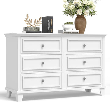 Farmhouse White Dresser with 6 Drawer, Double Dresser TV Stand with Vintage Handle, Wide Wood Dressers & Chests of