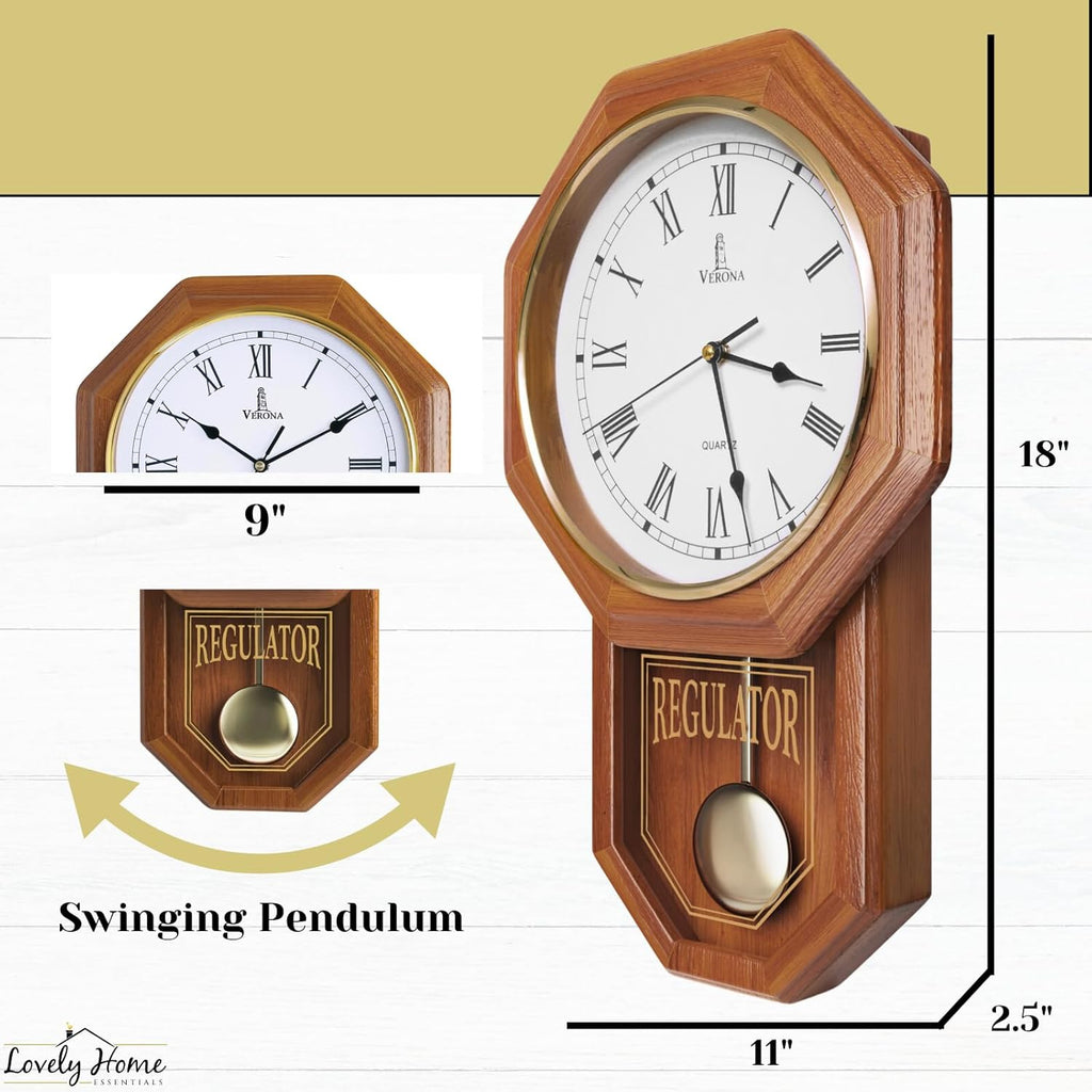 Pendulum Wall Clock Battery Operated - Real Wood Regulator Clock - Schoolhouse Design with Pendulum - Quiet, Non-Chiming - Wooden Wall...